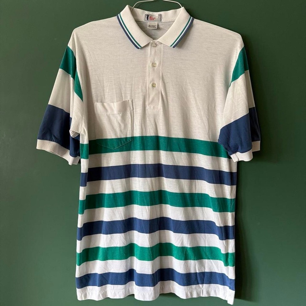 Ben Hogan Tour Vintage 90s Striped Polo Shirt Mens Medium White Green Blue Golf
